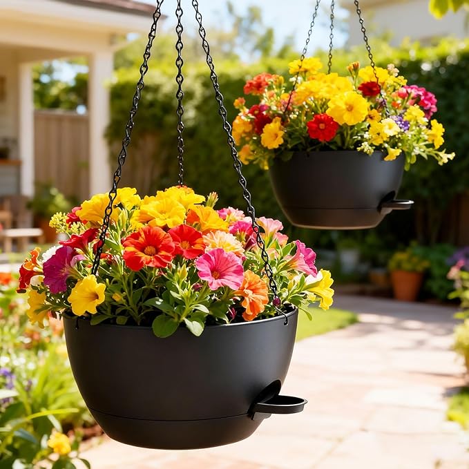12 Inch Hanging Baskets 2 PC with Chains, Self-Watering Hanging Planters for Indoor Outdoor Plants, Plastic Hanging Flower Pots,Black