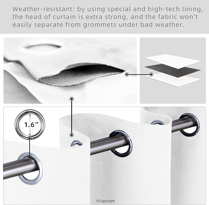 Outdoor Patio Curtain Waterproof Darkening Thermal Insulated Indoor Curtains for Bedroom, Porch, Living Room, Pergola, Cabana, W105 x L120 Extra Wide Room Divider, Set of 2 Panels, Pure White