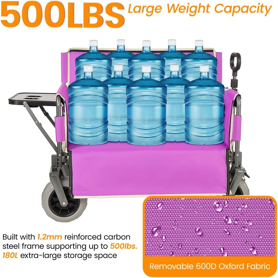 Collapsible 3-in-1 Wagon Converts To Bench, Includes Rear-Mounted Folding Tabletop, Heavy-Duty 500-lb Capacity, 180L Storage for Camping, Beach, Fishing - Purple