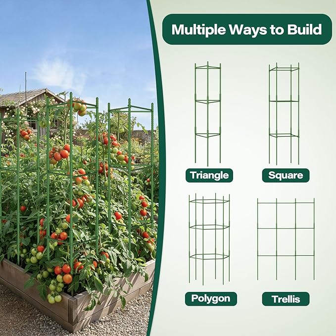 Halatool 63 Inch Tomato Cages, 4 Pack Adiustable Plant Cages Assembled Tomato Garden Cages Stakes Vegetable Support Trellis with 120 Feet Twist Tie, Snap-On for Vertical Climbing Plants