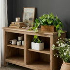 mygift artificial pothos plant, acacia wood planter box, side view