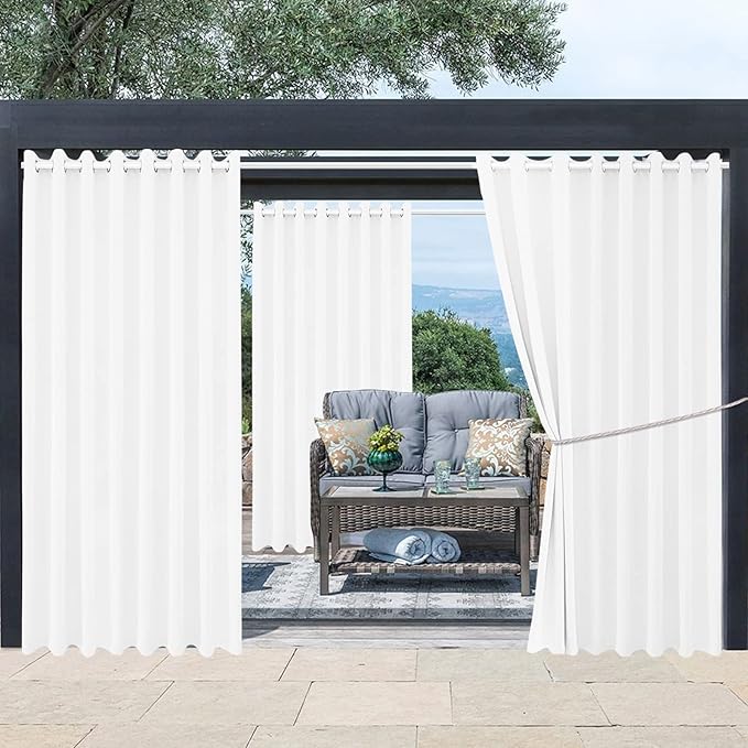 Outdoor Patio Curtain Waterproof Darkening Thermal Insulated Indoor Curtains for Bedroom, Porch, Living Room, Pergola, Cabana, W105 x L120 Extra Wide Room Divider, Set of 2 Panels, Pure White