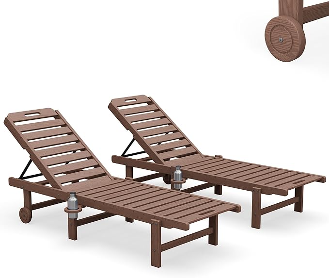 SERWALL Outdoor Chaise Lounge Set of 2, All-Weather HDPE Pool Lounge Chairs with 5-Position Adjustable Reclining Backrest, Rolling Wheels & Cup Holder for Poolside, Brown