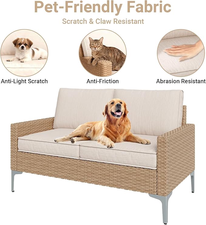 Jing's Villa 2-Piece Outdoor Sectional Set, All-Weather Wicker Patio Furniture with Loveseat & Tempered Glass Table, Comfortable Garden Conversation Set for Backyard, Poolside, Deck,Beige
