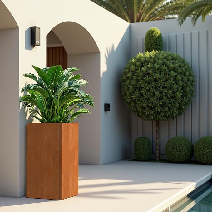 28 Inch Co rten Steel Planter-Modern Square Metal Outdoor Planters for Front Porch, Patio & Garden -Large Tall Planters (14" L X 14" L X 28" H)