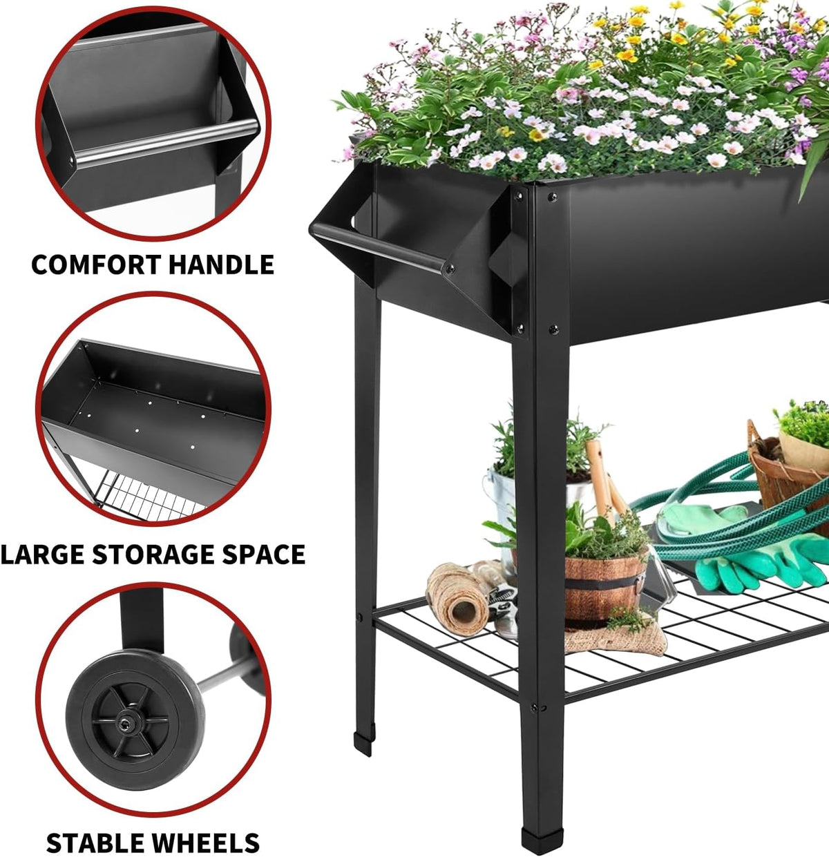 32" rolling raised garden bed with wheels, metal on a desk or shelf