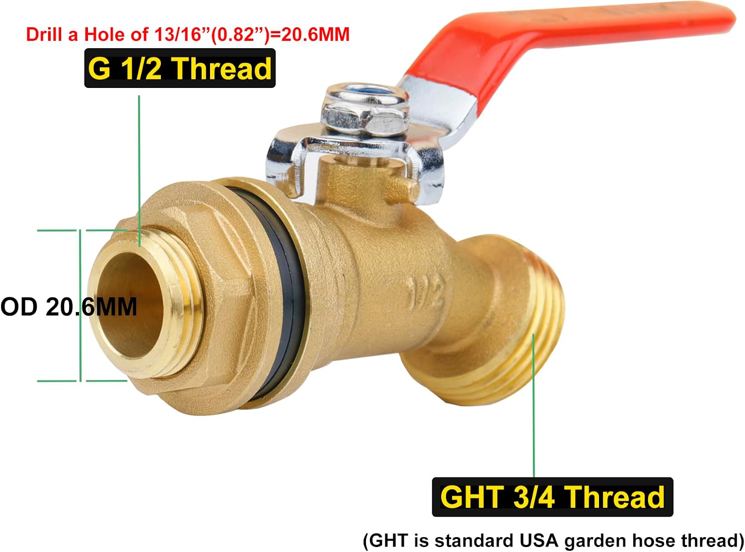 WHK Rain Barrel Spigot Kit-Water Bucket Spigot Faucets-Water Spout Spigot | for 5/50/55 Gallon Bucket, Rain Barrel Water Container WaterTank,1/4 Turn with Long Handle(Brass)
