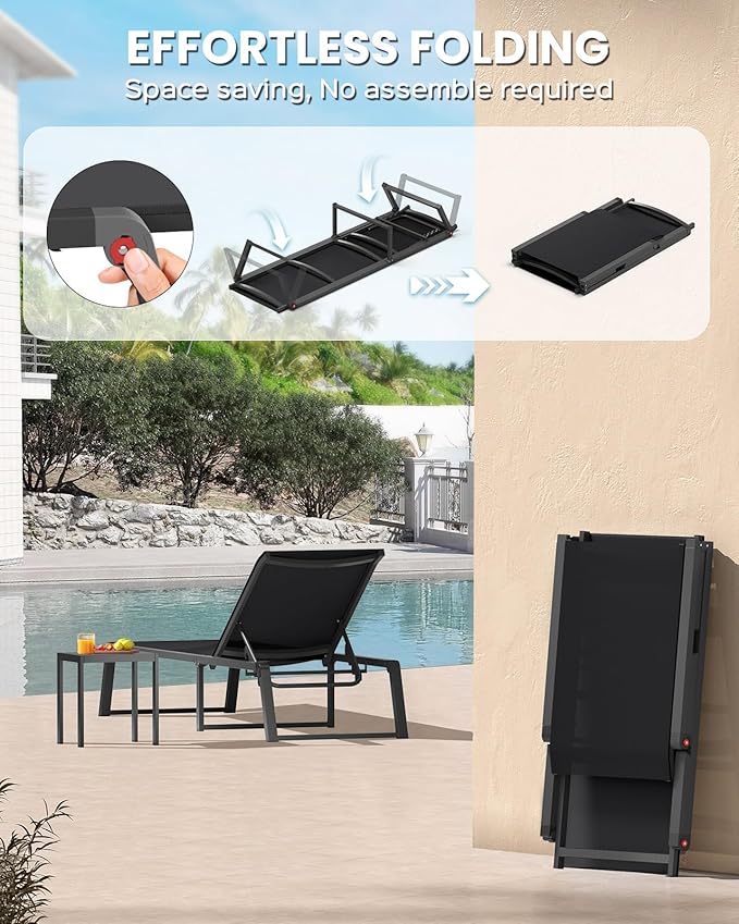 Aluminum Chaise Lounge Chair Outdoor, Foldable & Assembly Free Patio Pool Lounge Chairs 5-Position Recliner for Outside Poolside, Fully Grounded Legs Sun Lounger for Beach, Yard, Black
