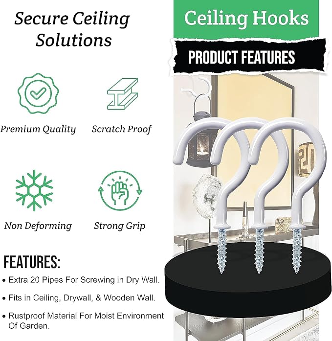 10 Pcs Ceiling Hooks for Hanging Plants - 2.9 inches Heavy Duty, Hanging Hooks for Christmas Lights, Cups, Decors - White Vinyl Coated Screw in Plant Hanger Hook Indoor and Outdoor