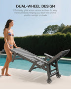 Carauci Lounge Chair Outdoor Set of 2, HDPE Chaise Lounge with Wheels, 5-Position Adjustable Backrest & 2 Cup Holders Patio Lounge Chair, All-Weather Pool Sun Lounger for Poolside, Backyard, Grey