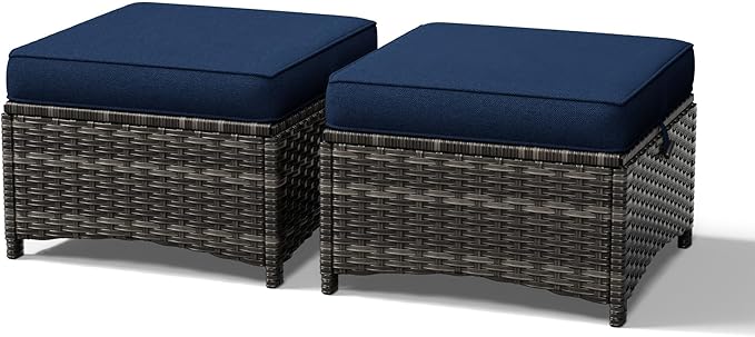 Joyside Outdoor Ottoman Set of 2, Patio Large Ottoman Foot Rest with Thickened Cushions, Outdoor Wicker Foot Stool for Porch, Deck Use