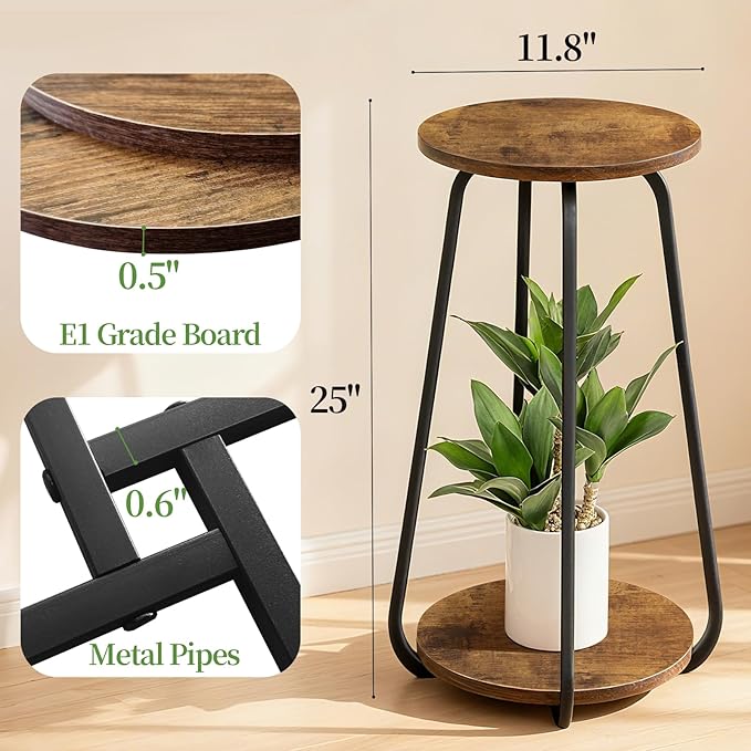 Plant Stand Indoor, 2 Tier Plant Shelf Pedestal Stand Flower Stand, Metal Wood Plant Stands for Indoor Plants Living Room Balcony Deck Garden