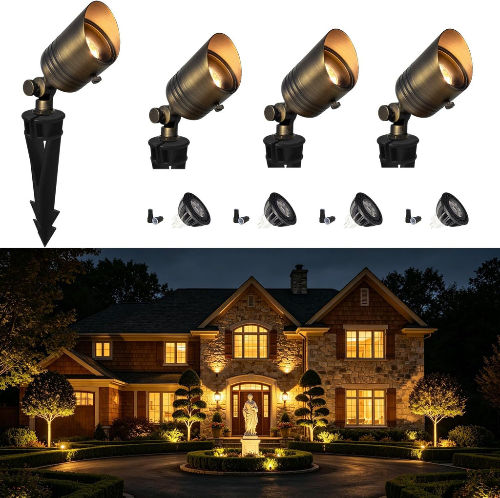 COLOER 5W 12V Brass Outdoor Landscape Spot Light with Bulb(4Pack) | Solid Brass Construction,12V Low Voltage,5W 2700K Warm White,IP65 waterproof,Replaceable MR16 Bulb,Small Size,Adjustable head