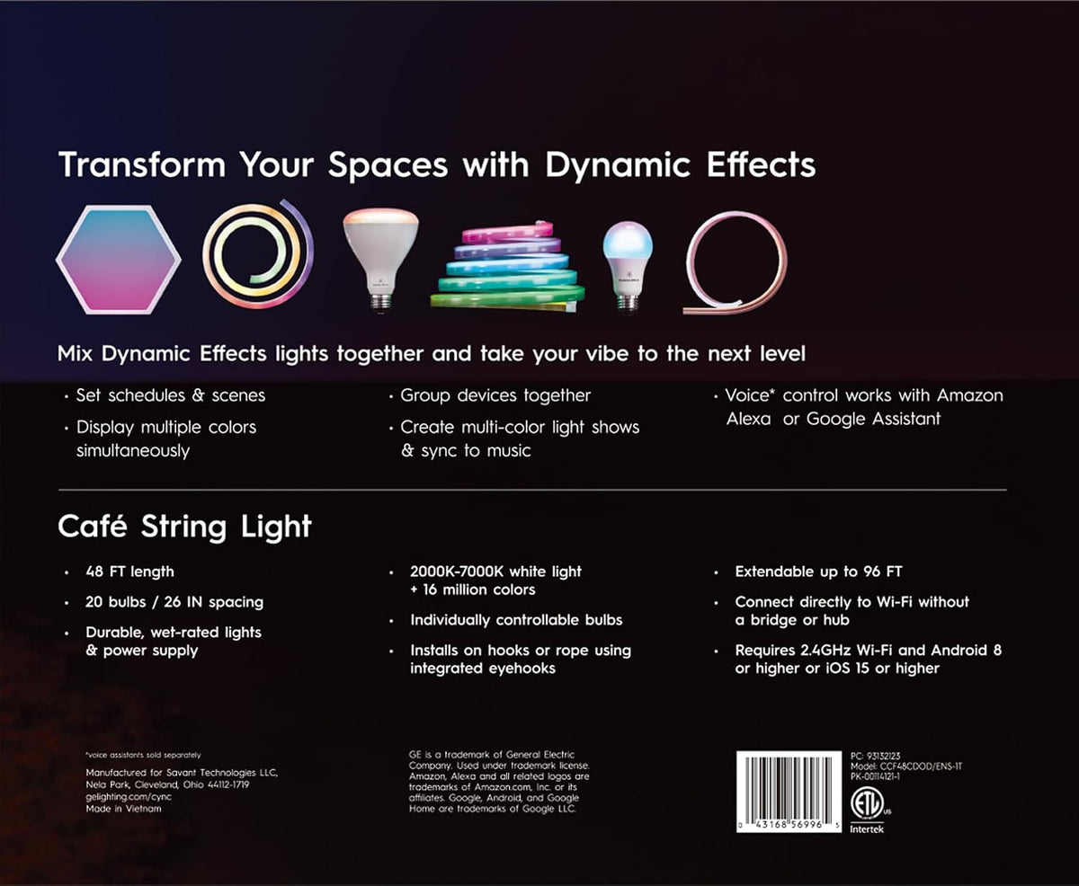 cync ge dynamic effects smart cafe lights, color, side view