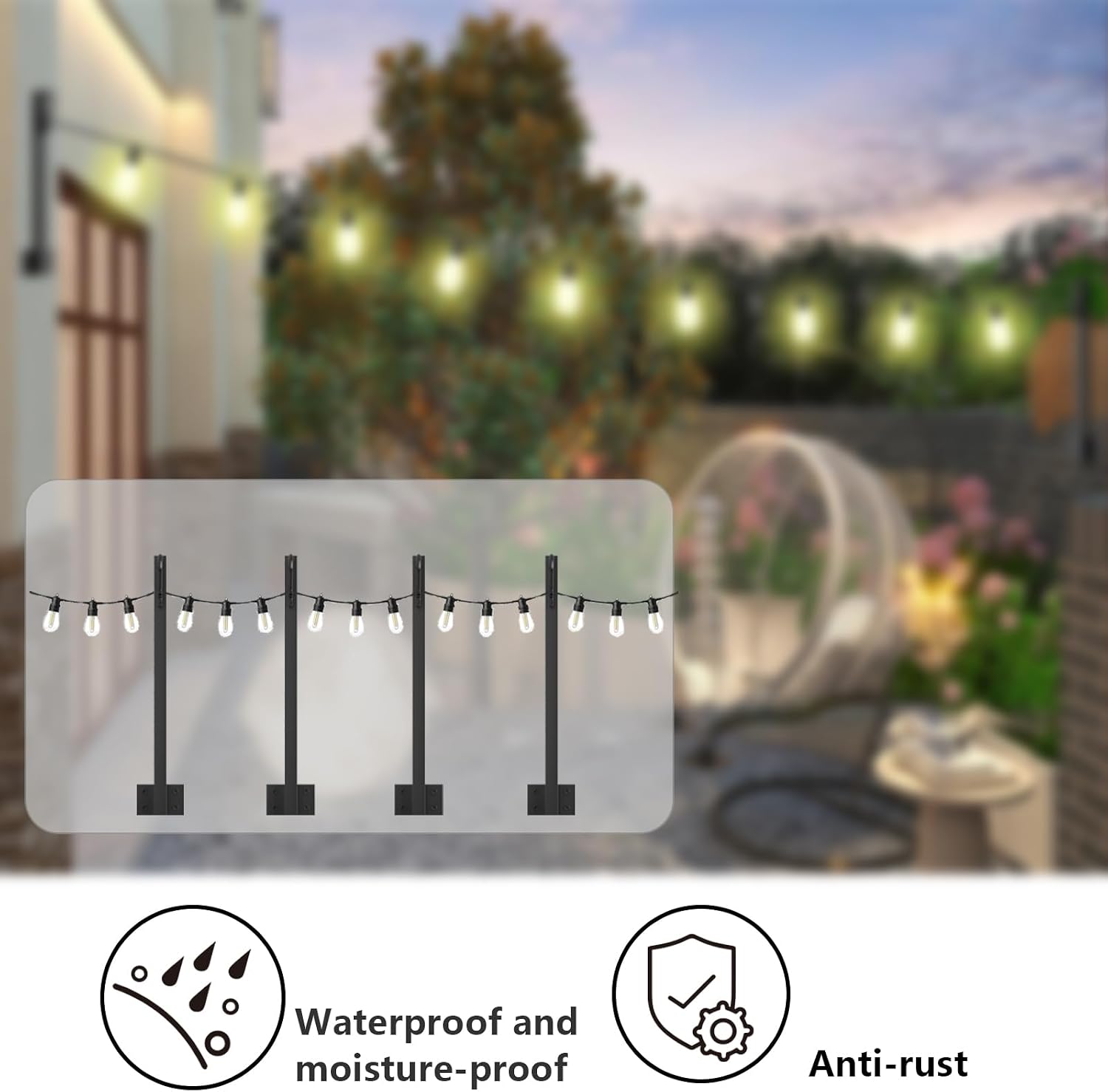 4 Pack String Light Poles,Hanging Light Poles for Outdoor String Lights, Metal Suspension String Light Poles with Carabiner,Hanging Light Poles for Deck Fence Garden Backyard Wall Bistro