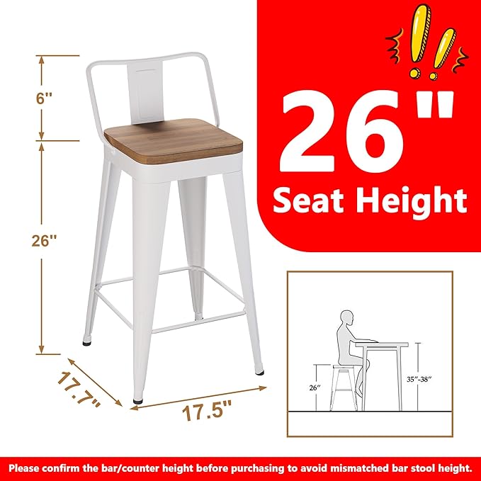 WENTMENT Bar Stools Set of 4 Counter Height Bar Stools Metal Barstools with Removable Back 26" Kitchen Bar Stools with Wooden Seat, Off White