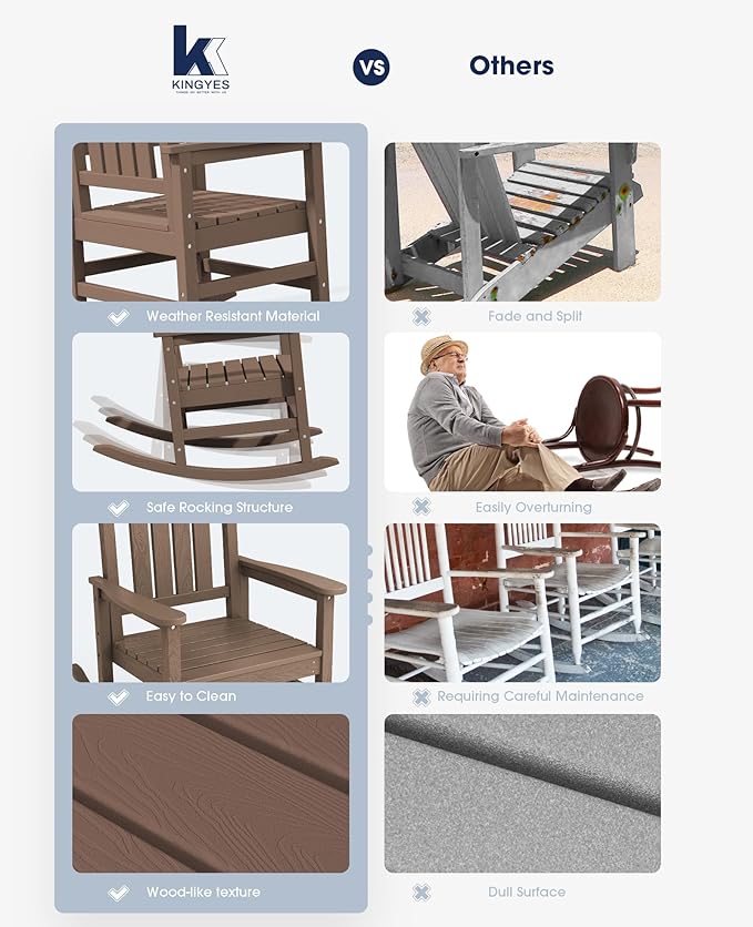 KINGYES HDPE Outdoor Rocking Chair Set of 4, All-Weather Poly Patio Rocking Chairs with 330lbs Support for Adults, Brown