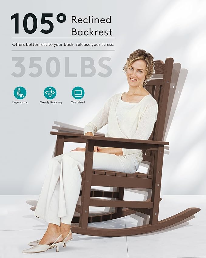 SERWALL Oversized Rocking Chair Outdoor, HDPE Outdoor Rocking Chair, Coffee