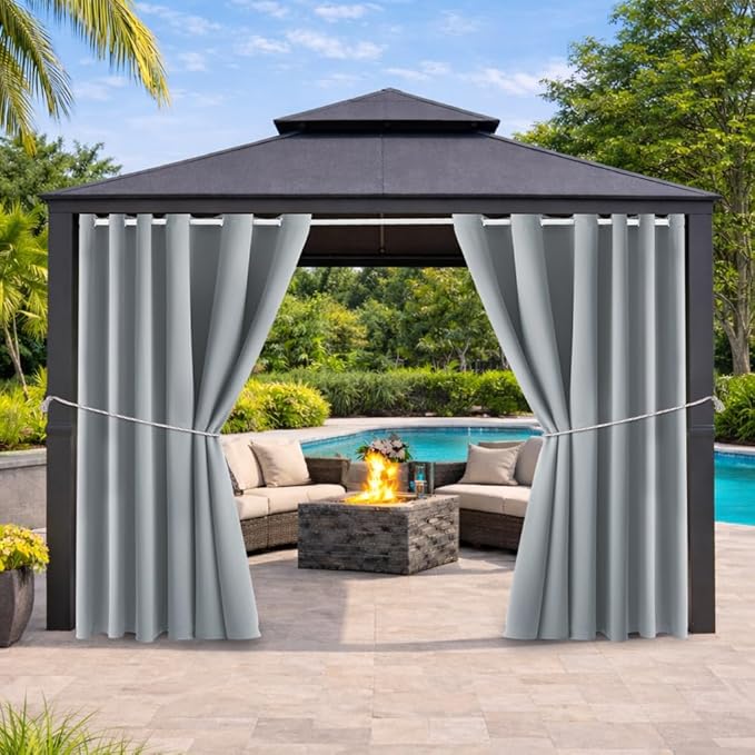 Waterproof Outdoor Curtain W105 x L108 - Grommet Top Sunlight Blocking Window Treatment Drapes Blackout Curtains for Home Bedroom Living Room Outdoor Patio Porch Pergola, Light Gray, 2 Panels
