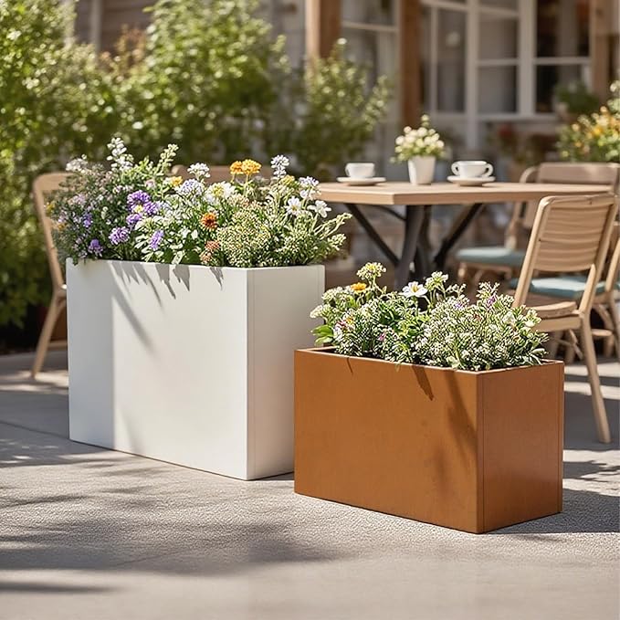 White Metal Long Planter for Outdoor Plants 24" x 10" x 24" Metal Rectangular Outdoor Planter Box Spliced Flower Box with Partitions for Outside,Indoor,Garden (White, 24 * 10 * 24)