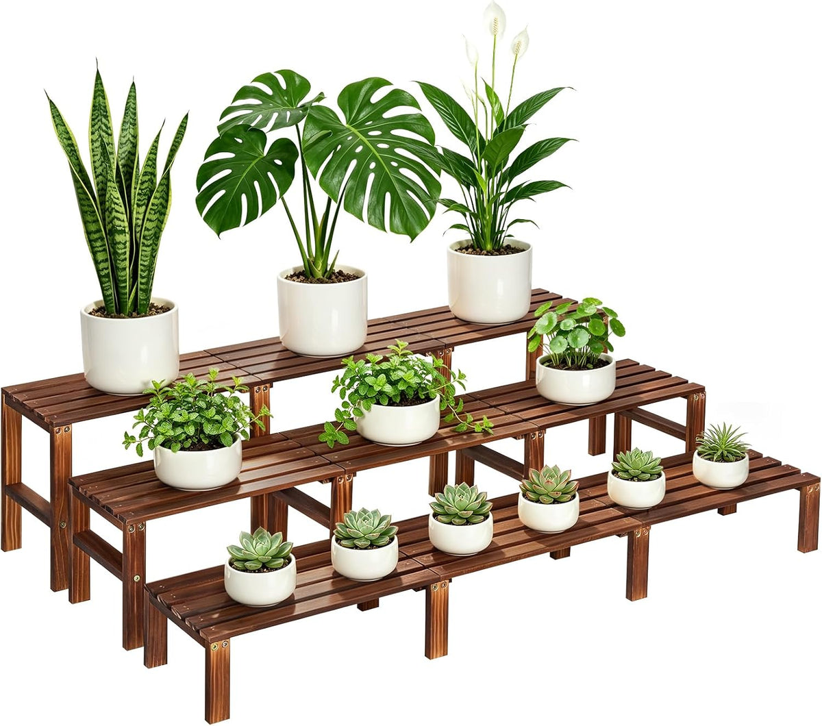 3 tiered wooden plant stand shelf indoor outdoor,long, main product view