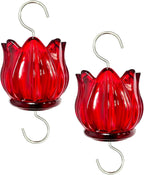 Real Glass Ant Moat for Hummingbird Feeders & Oriole Feeders Glass Tulip Shape Insect Guard with Large Capacity Flower Design Nectar Feeder Accessory Hooks (Red, 2 Pack)