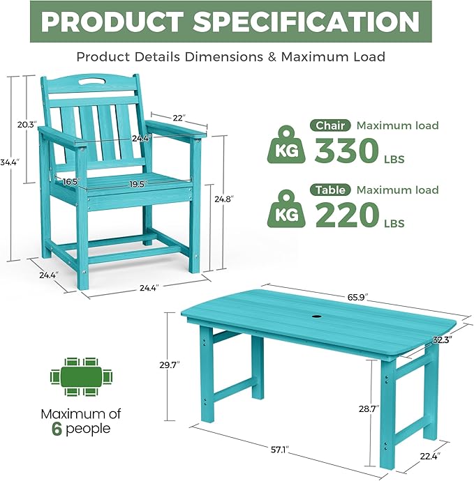 HDPE Outdoor Dining Set, Patio Table and Chairs Set, All-Weather 5-Piece Outside Table and 4 Chairs, 2" Umbrella Hole, Outdoor Furniture for Garden, Poolside, Backyard, Deck | Lake Blue