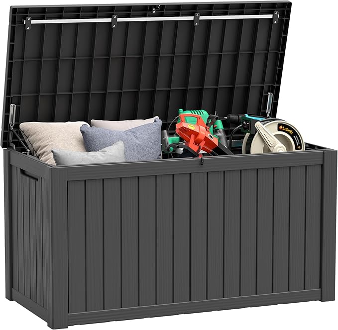 Outdoor Storage Box, Resin Deck Boxes Indoor and outdoor, Waterproof Storage Box Lockable Lid (Black, 160 Gallon)
