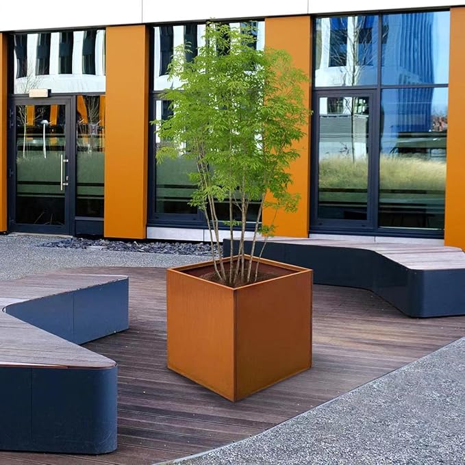 Corten Steel Planter Box Metal Outdoor Planter Large Square Cube Rustic 32 Inch Planter Pot for Commercial Residential Tall Plant Patio Deck and Backyard