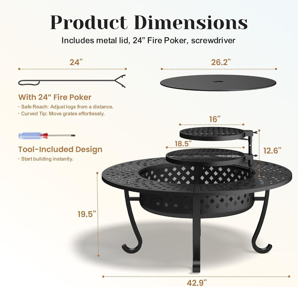 43" fire pit, firepit with adjustable 2 grills, package contents
