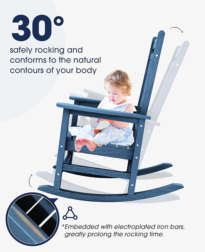 KINGYES Oversized Outdoor Rocking Chair, All-Weather Patio Rocking Chairs for Porch, HDPE Outdoor Patio Rockers with High Back & Wide Seat for Garden, Lawn, Blue