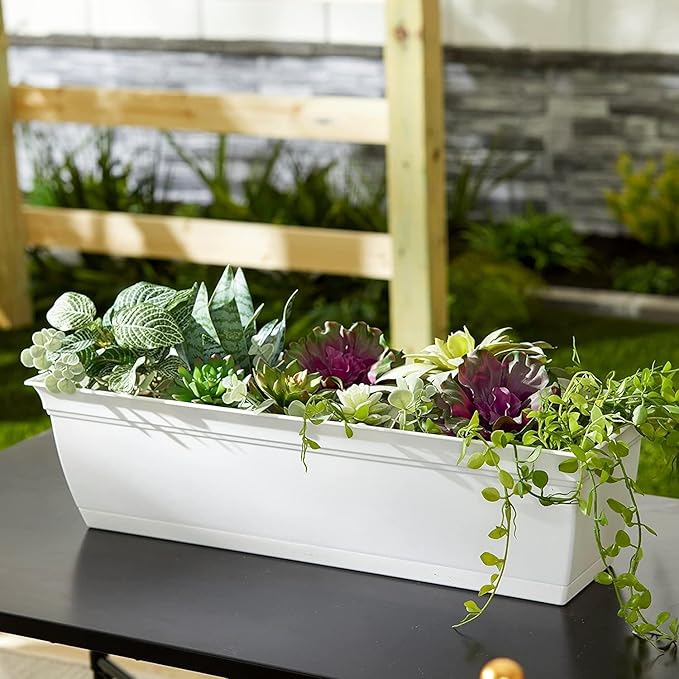 The HC Companies 30 Inch Eclipse Window Planter Box with Drainage Holes & Attached Saucer, Lightweight UV-Resistant Plastic Indoor & Outdoor Planters, 2-Pack Flower Box for Garden & Home Decor, White