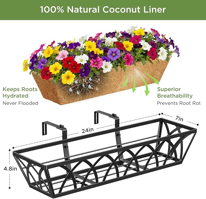 24 Inch Window Deck with Coco Liner, 24" Window Boxes Horse Trough with Coconut Coir Liner, Fence Metal Hanging Flower Planter Window Basket Deck Railing Planter Boxes for Outdoor Garden Lawn, 4pcs