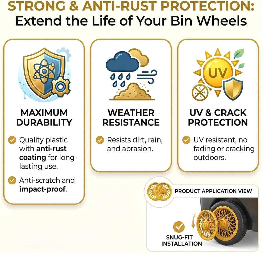 Trash Can Wheel Rims Set of 2, Decorative Covers for Garbage Bins (Gold)
