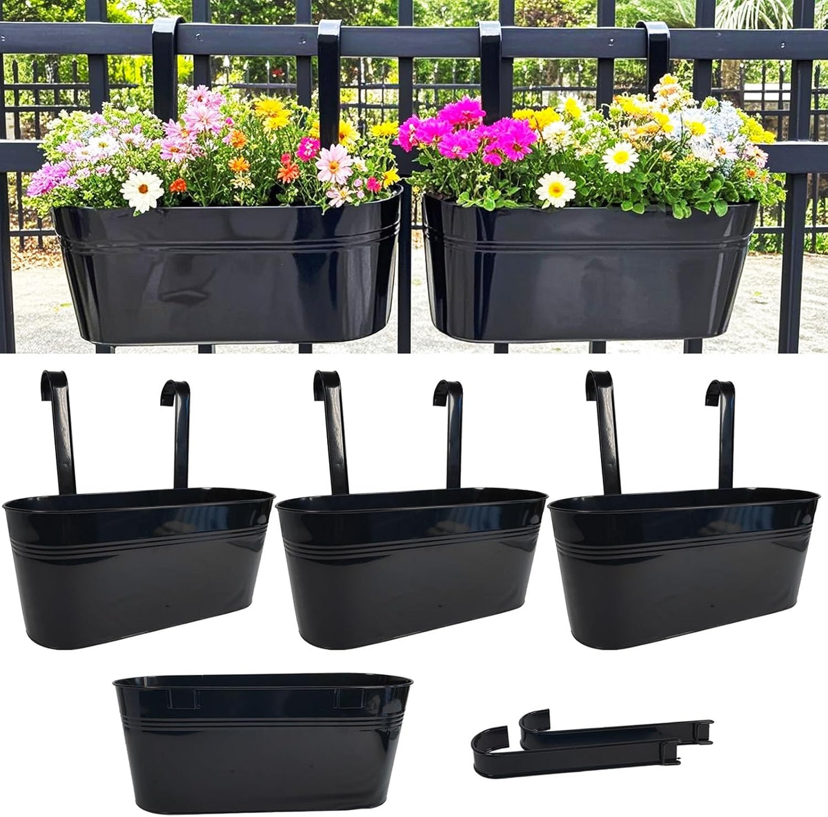17" hanging metal railing planter with detachable hook, main product view