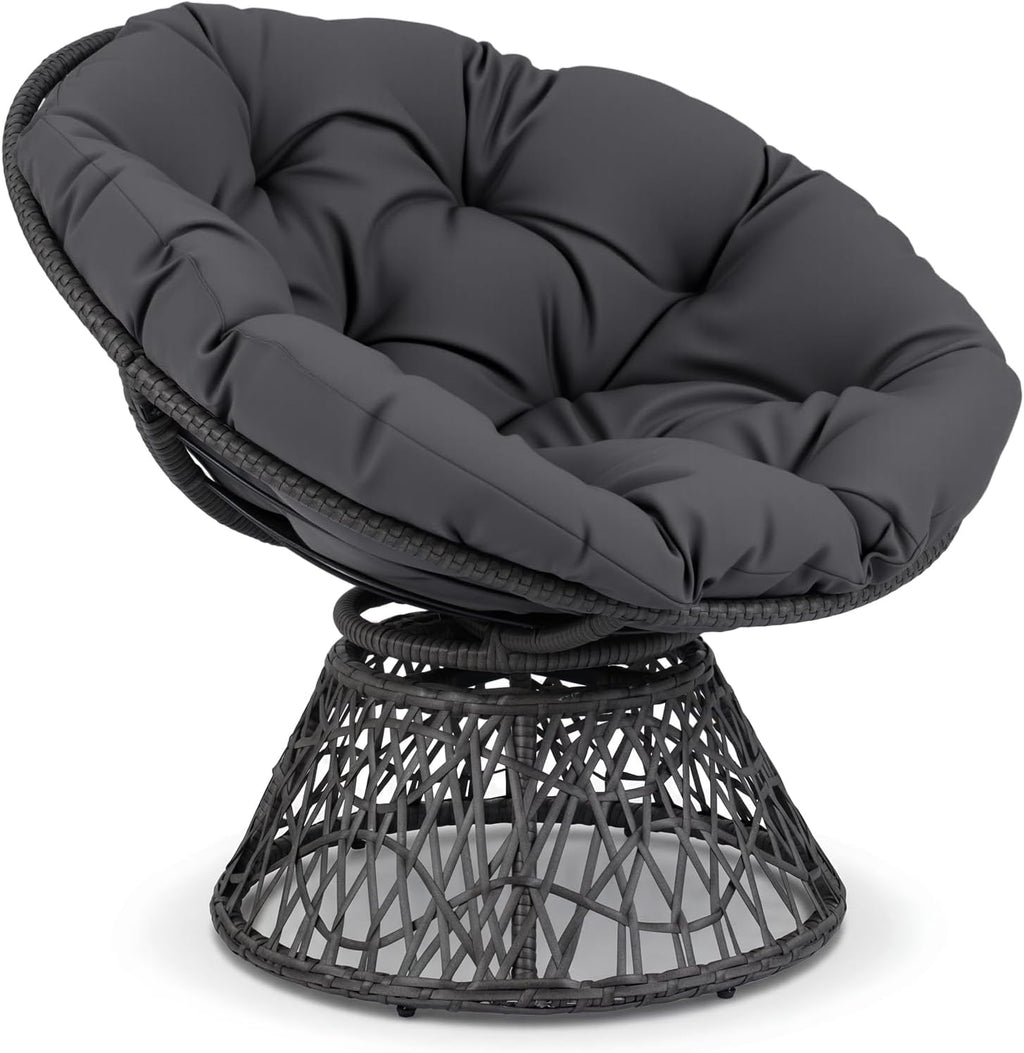 Giantex Wicker Papasan Chair with Soft Thick Cushion and High Capacity Metal Frame, 360° Swivel Ergonomic Lounge Reading Chair for Living Room, Bedroom, Patio, Indoor Outdoor Use (Grey)