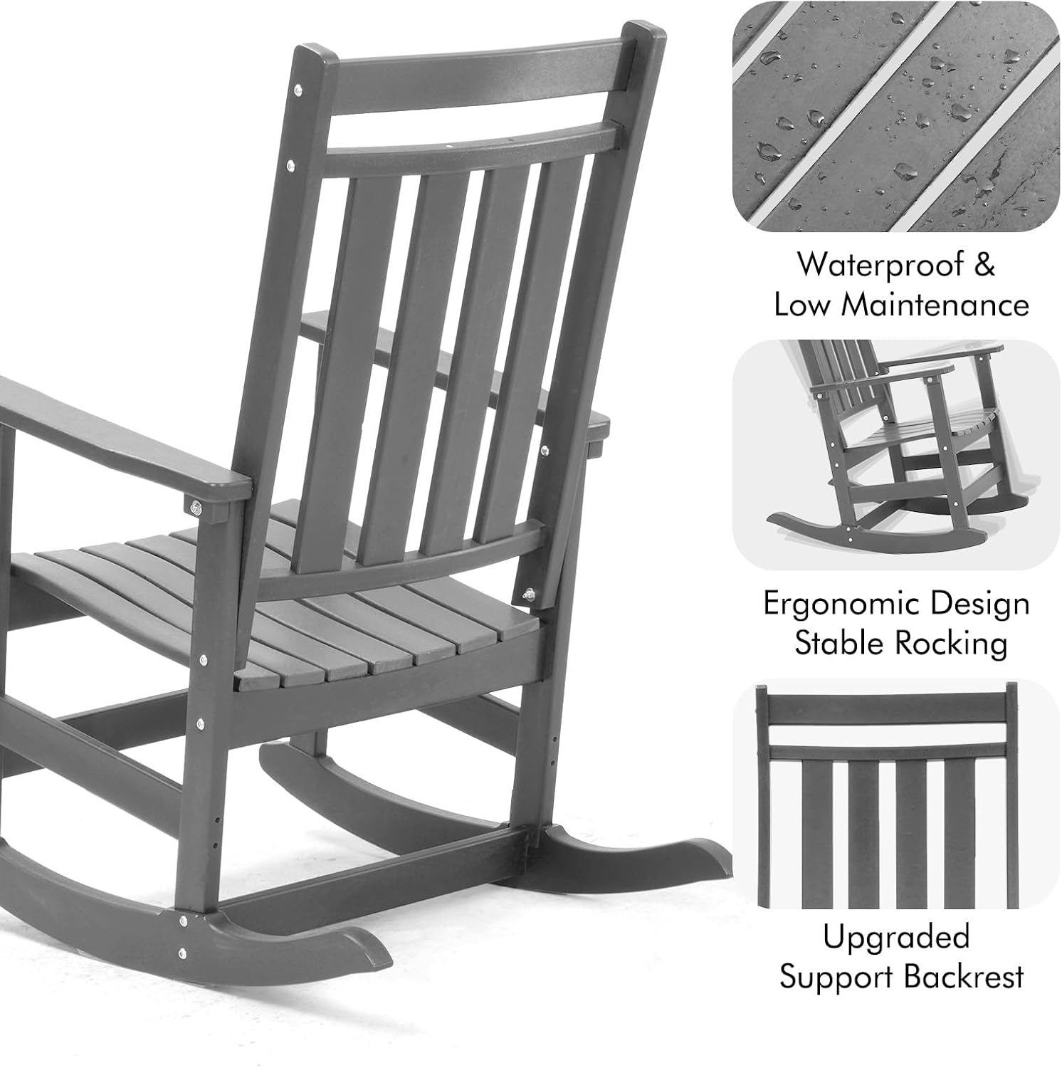 LETKIND Oversized Outdoor Rocking Chairs Set of 2,All Weather Rocker Chair with More Comfortable Seat Panel for Porch Patio Outside(Grey)