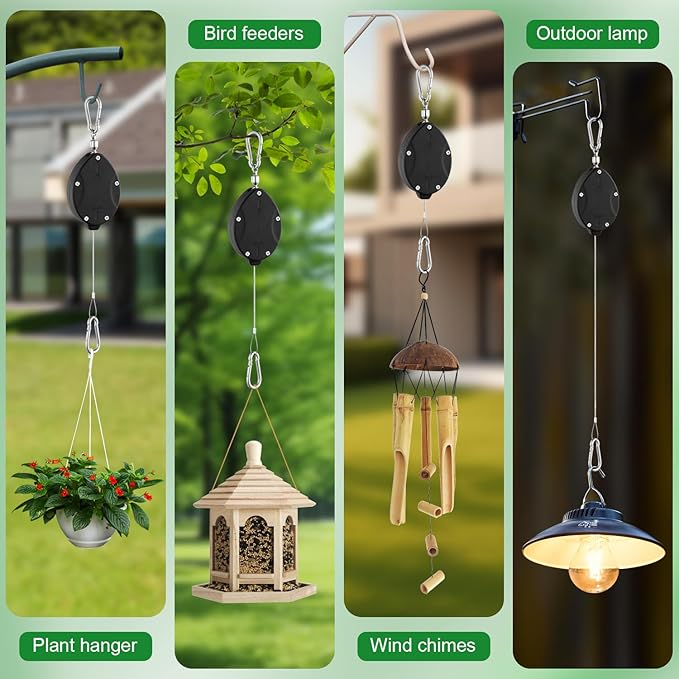 3 Pack Heavy Duty Retractable Plant Hangers Adjustable Pulleys with 63" Pull-Down Design Stainless Steel Rope Double-Headed Hooks for Hanging Baskets Bird Feeders Planters and Pots Supports up to 45lb