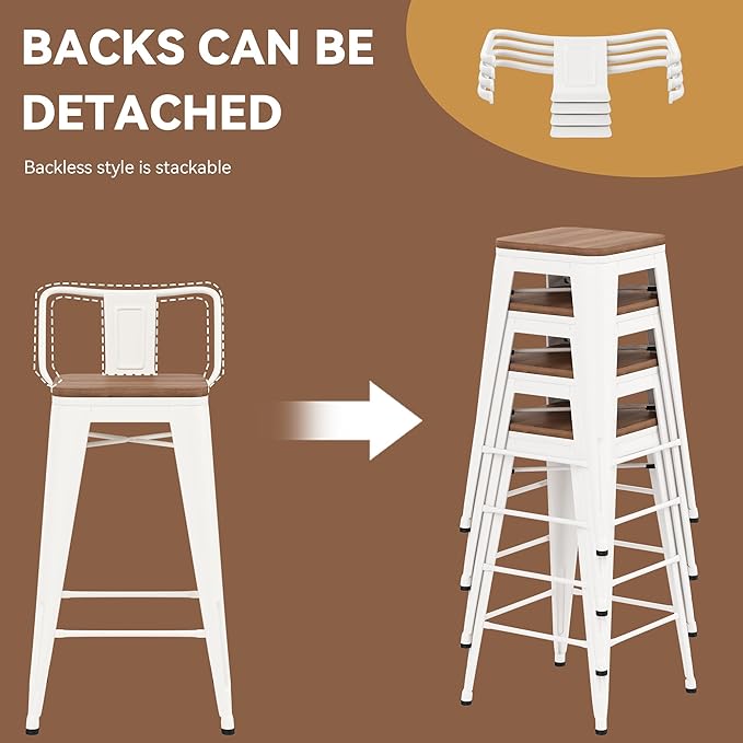 Yongchuang 26 inch Bar Stools Set of 2 Kitchen Counter Height Chairs with Wood Seat Industrial Low Back Metal Barstools Cream White