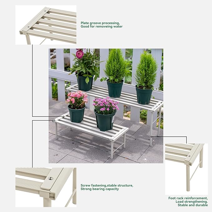 Metal Plant Stand, Rust-proof Aluminum Flower Pot Stand, Heavy Duty Planter Display Shelving for Patio Balcony Garden Living Room Decorative (White, 23.6 Inch)