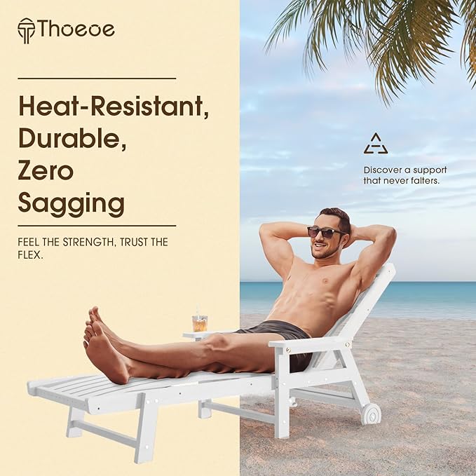 Patio Chaise Lounge Chair, Oversized Lounge Chair Outdoor with 5 Positions, HDPE, Patio Lounge Chair with Wheels & Cup Holder for Pool, Deck, Poolside,White