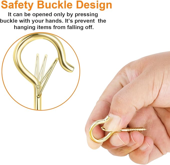 24 PCS Q-Hanger Hooks, Screw Hooks for Outdoor String Lights, Safety Buckle Design Cup Eye Hook for Hanging Christmas Lights, Plants, Mounted on Wall Ceiling, Include 1 Wing Nut Driver, Gold