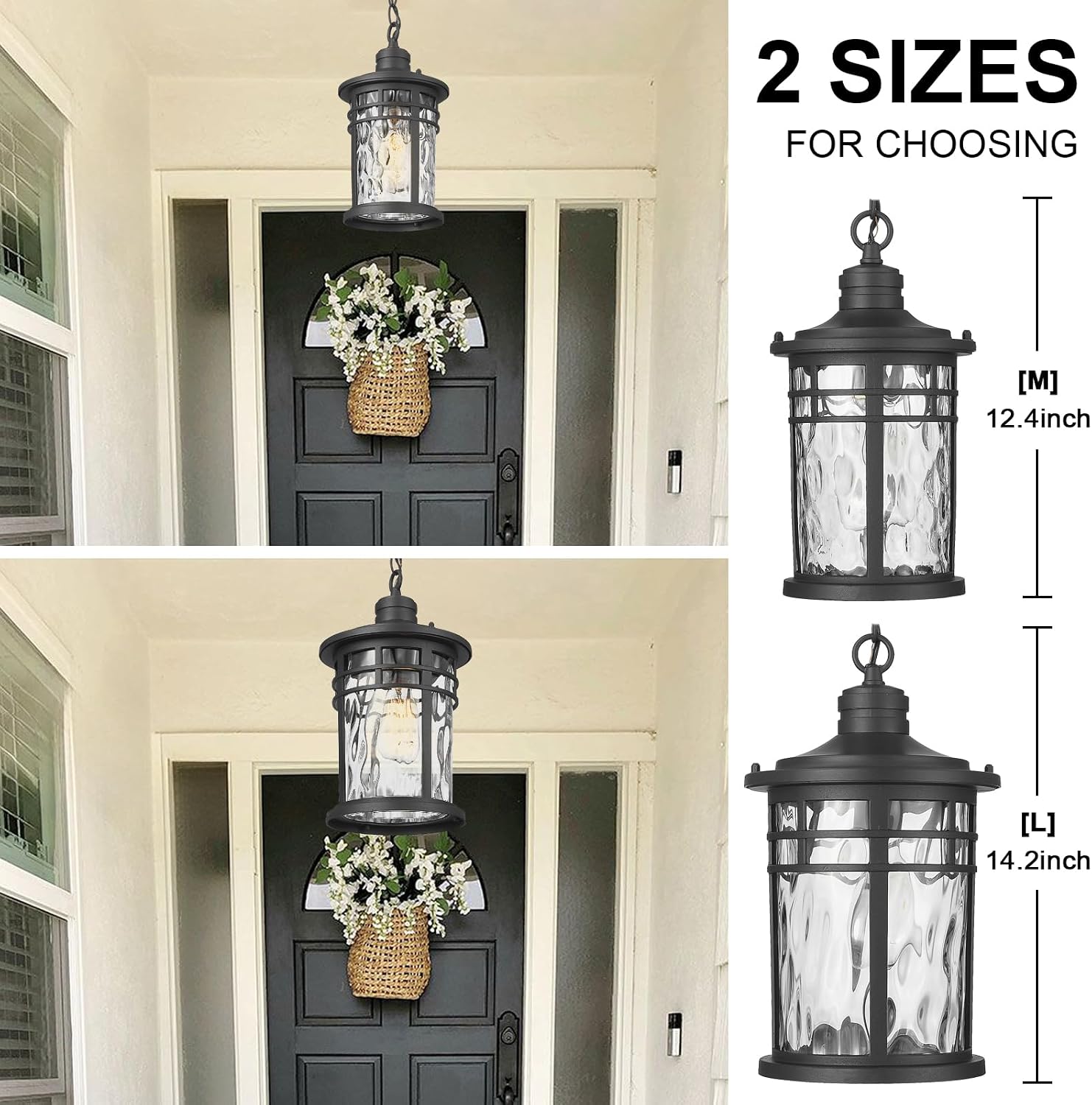 Darkaway Large Outdoor Pendant Lights for Porch, 15inch Outdoor Chandelier Hanging Porch Lights Outside Ceiling Mount Aluminum with Water Ripple Glass for Front Porch Gazebo Patio