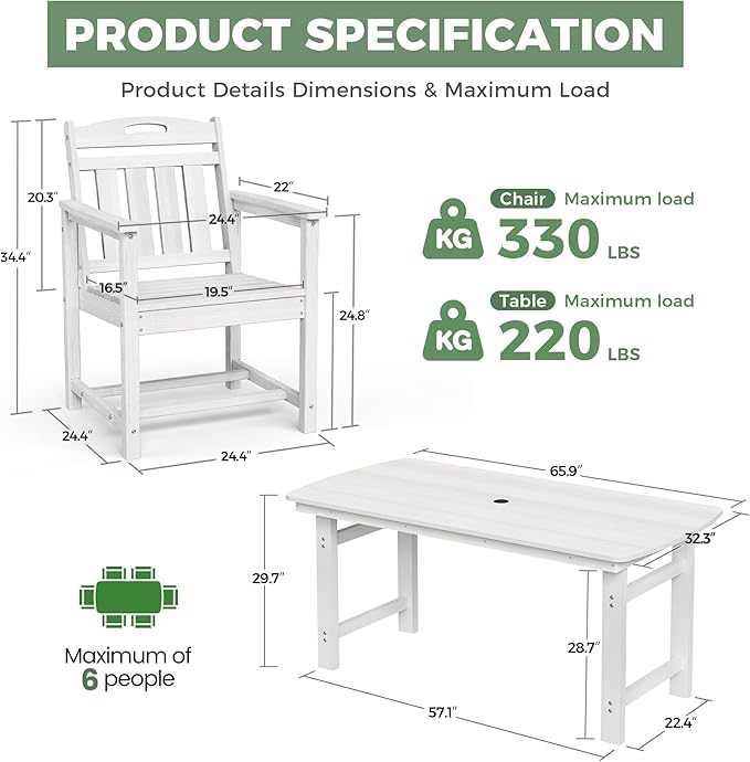 HDPE Outdoor Patio Dining Set with Table & 6 Chairs, All-Weather 7-Piece Outdoor Table and Chairs, 2" Umbrella Hole, Patio Furniture for Garden, Backyard, Deck | White