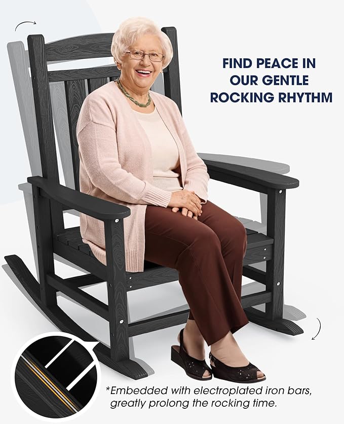 KINGYES HDPE Outdoor Rocking Chair, Widened Seat Patio Rocking Chair, Oversized All Weather Patio Rocker, Black