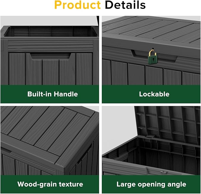TARKARI 45 Gallon Lockable Resin Deck Box, Waterproof & UV-Resistant Outdoor Storage Box for Outdoor Cushion Storage, Garden Tools & Pool Accessories Storage, Black