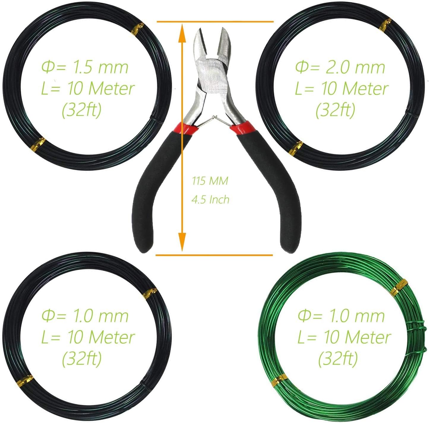 Kebinfen® Bonsai Training Wire Bonsai Wire kit for Bonsai Tree, with Bonsai Wire Cutter - Bonsai Wires Size 1.0 mm/ 1.5 mm/ 2.0 mm (128 Feet Total), Anti-Corrosion and Rust Resistant