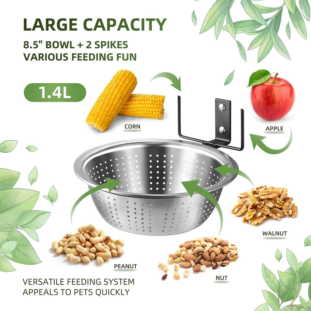2 Pack Squirrel Feeders, 4 Colander Bowls (Each 8.5"/1.4L) for Replacement, Dual Corn Cob Spikes for Multi-Food, Metal Squirrel Feeders for Outside Tree Fence, Removable Bowl Easy Clean/Refill