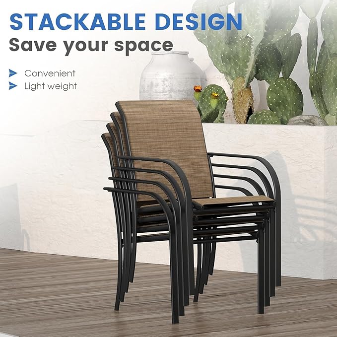 VICLLAX Patio Dining Set for 6, Outdoor Furniture Set Includes 47.2" Round Patio Table and 6 Patio Sling Chairs, Black Tabletop and Brown Fabric