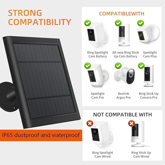 USB-C to Ring Barrel Plug 6Pack 4W Solar Charger for Ringing Spotlight & Stick Up Outdoor Cam, Black, High Efficiency, 10FT/3M Long Cable with IP65 dustproof and Waterproof